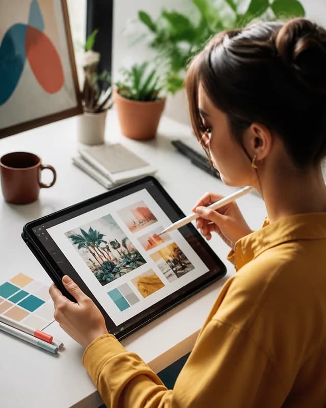 Creative analyst reviewing visual research on a tablet
