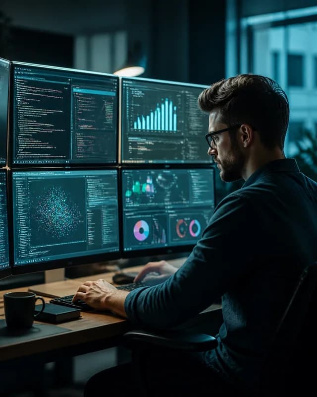 Engineer reviewing data across several monitors