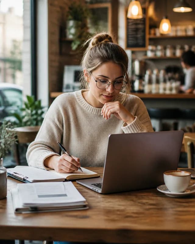 Researcher reviewing notes at a cafe